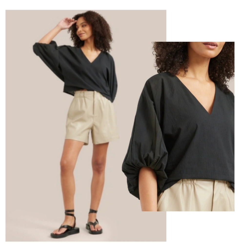 Modern Citizen Black V-Neck ORGANIC COTTON Puff Sleeve BLOUSE.  Sz XL